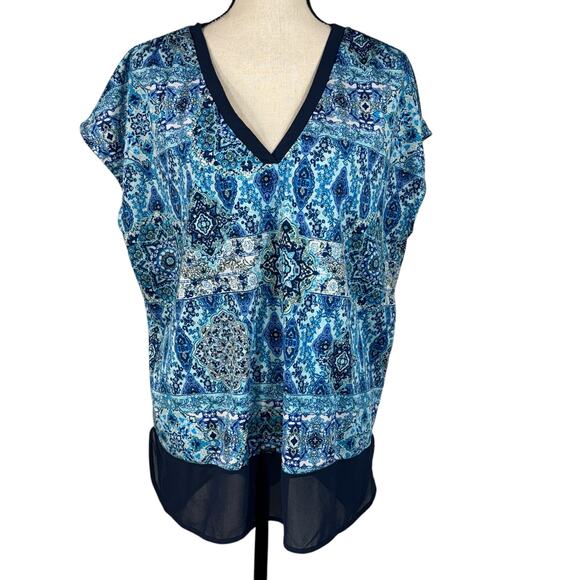 Roz & Ali X-Large Top Geometric Stretch Hi-Low Hem V-Neck Dolman Cap Sleeve Blue - Picture 1 of 9